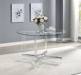 Adino dining table side angle showing acrylic and chrome materials
