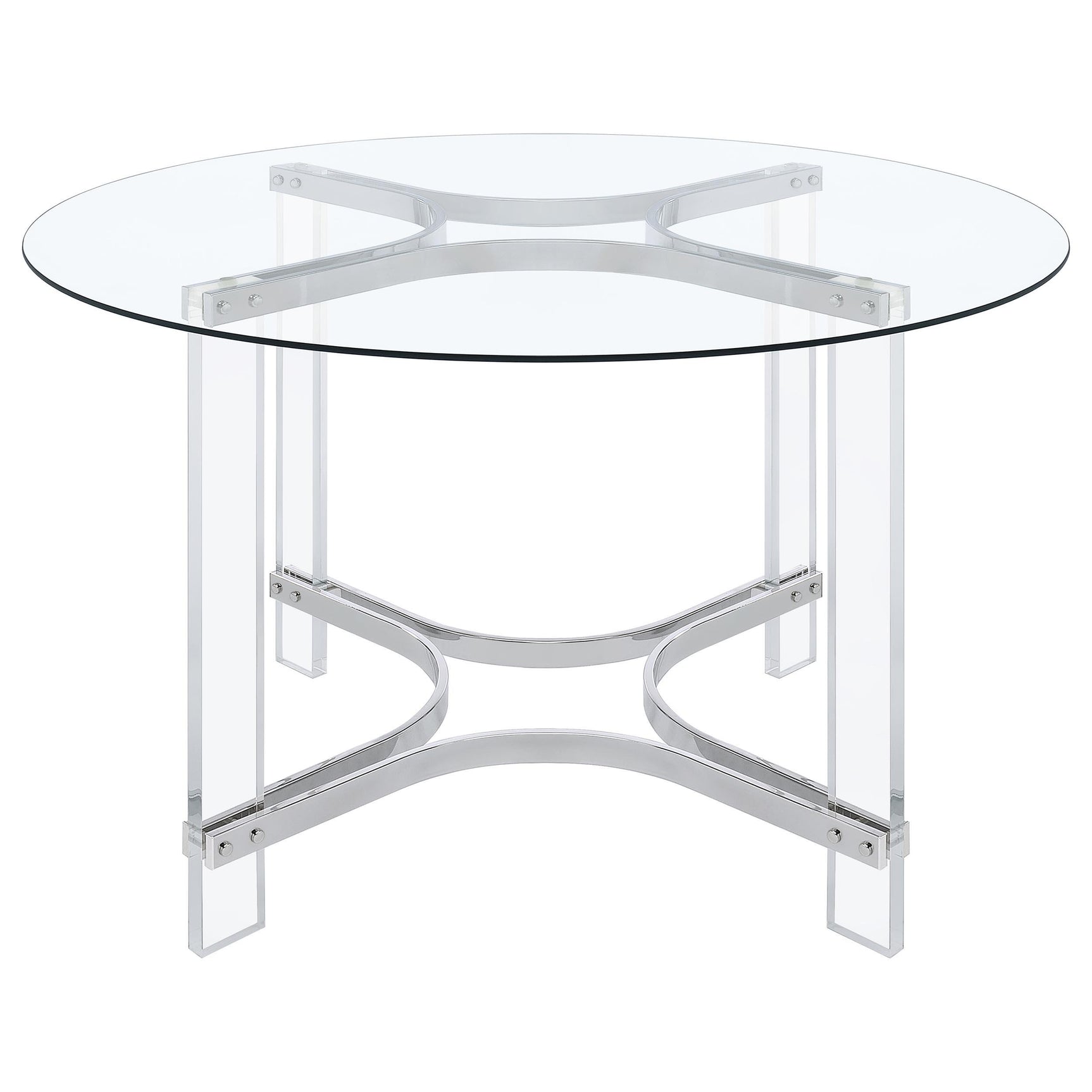 Close-up of chrome metal base and acrylic accents