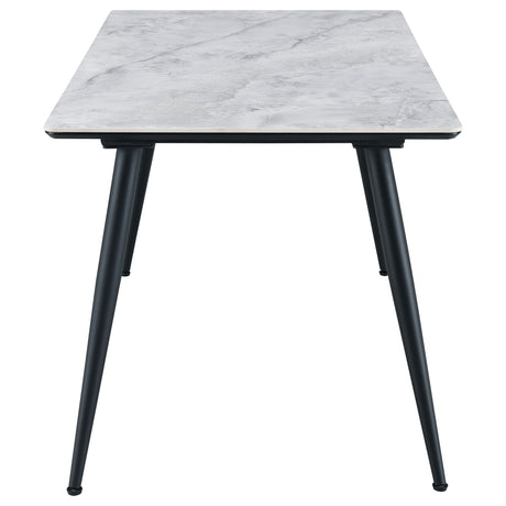 Side view of Dennison Grey dining chairs around table
