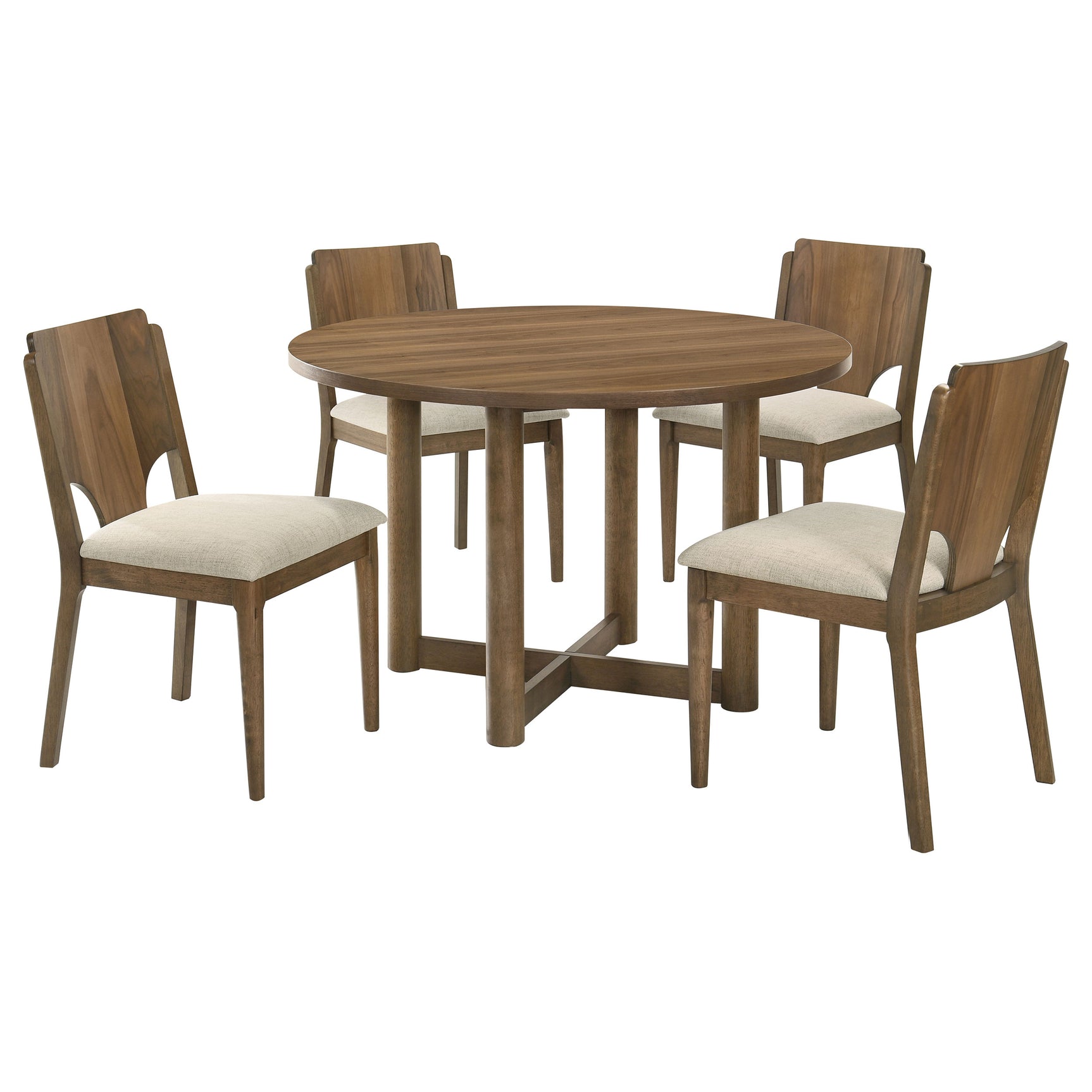 room view of Crestmore Walnut 46-inch round wood dining room set with chairs