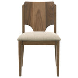 room perspective showing four side chairs around the walnut table