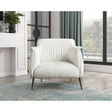 Close angle showing stitching detail and texture of white boucle upholstery