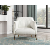 Close angle showing stitching detail and texture of white boucle upholstery