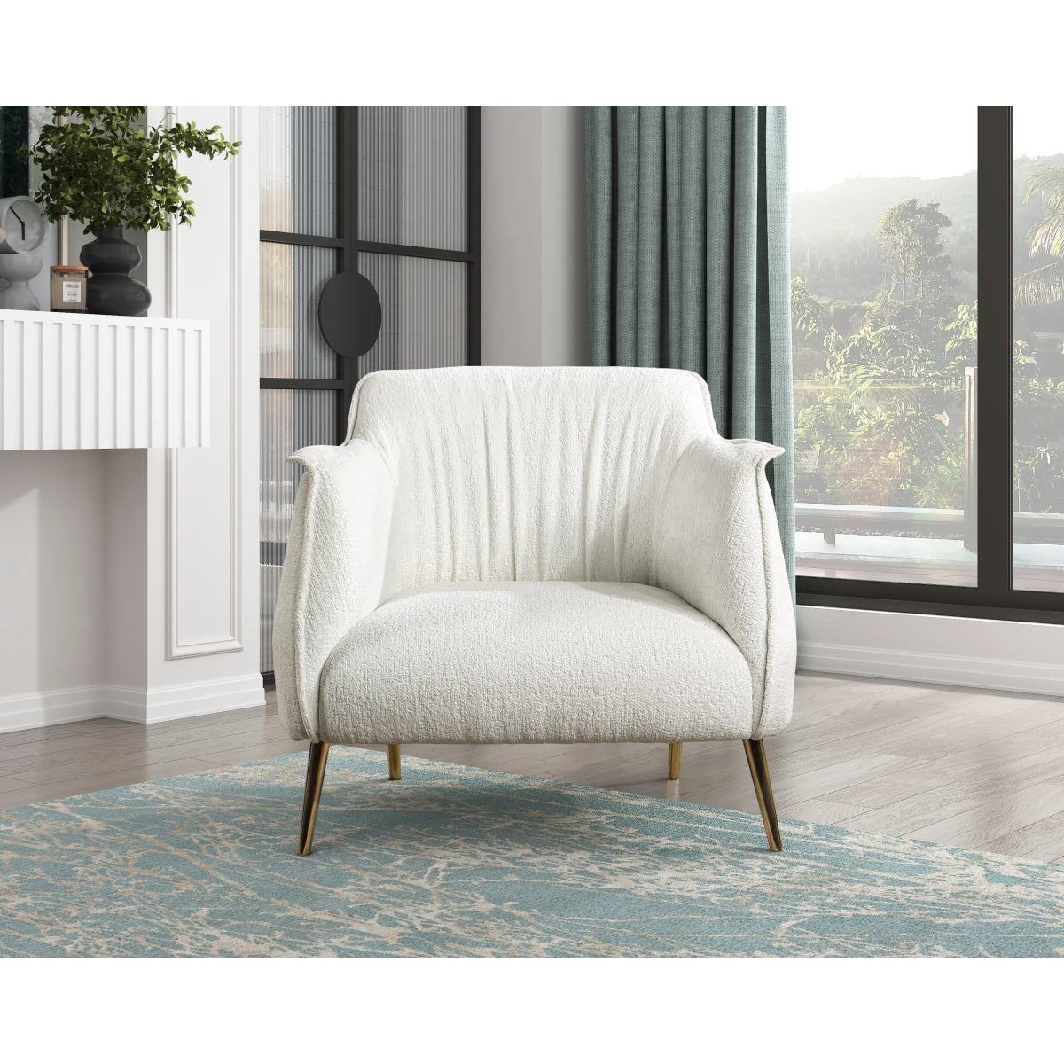 Close angle showing stitching detail and texture of white boucle upholstery