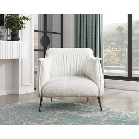 Close angle showing stitching detail and texture of white boucle upholstery