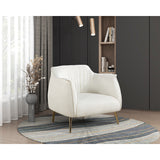 Rachael White Boucle Accent Chair angled to display elegant silhouette and legs