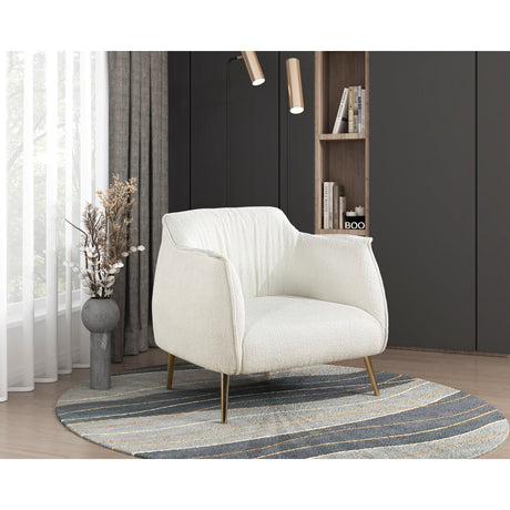 Rachael White Boucle Accent Chair angled to display elegant silhouette and legs