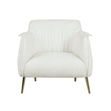 Rachael White Boucle Accent Chair front angle showing white boucle upholstery and gold stiletto legs