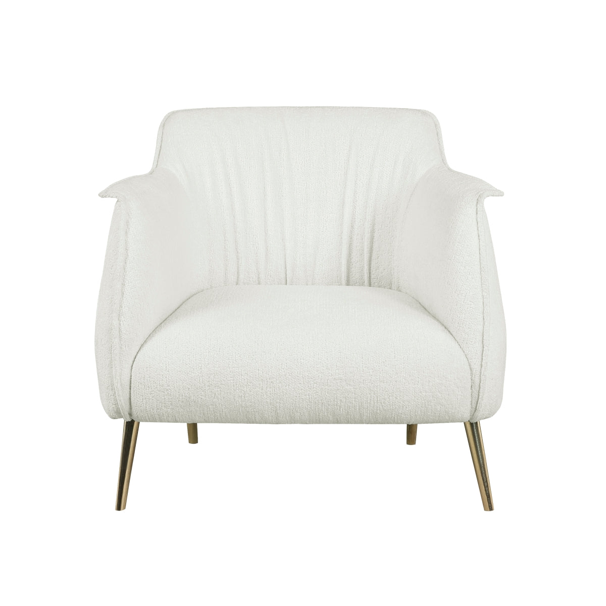 Rachael White Boucle Accent Chair front angle showing white boucle upholstery and gold stiletto legs