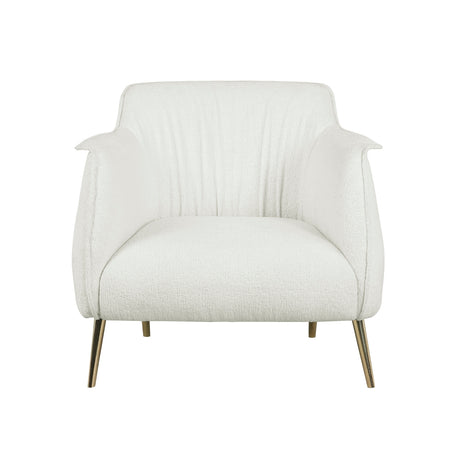Rachael White Boucle Accent Chair front angle showing white boucle upholstery and gold stiletto legs
