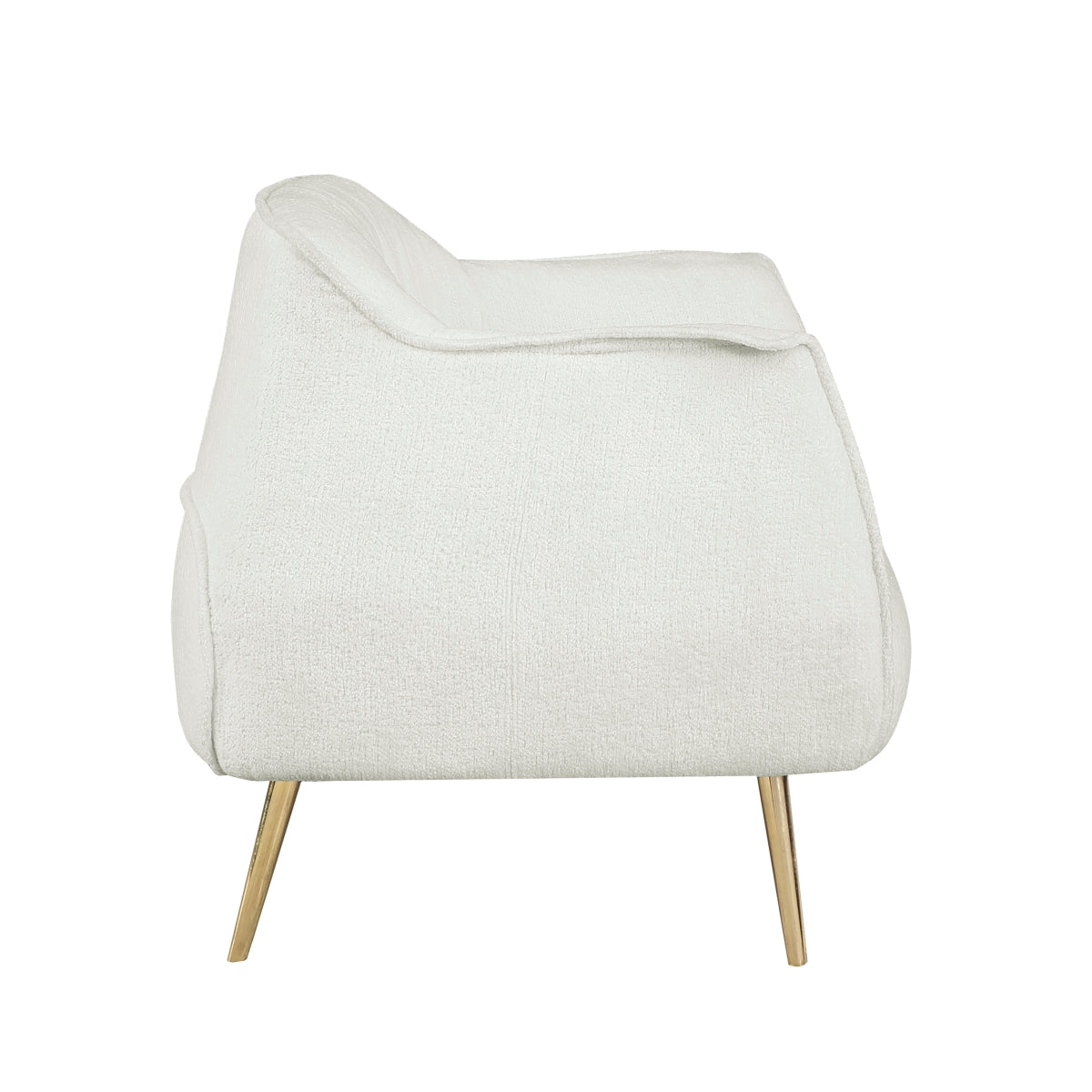 Detailed close-up of white boucle fabric and gold finished leg of the Rachael chair