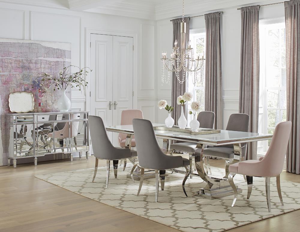Antoine Rectangle Dining Table in white and chrome, angled view