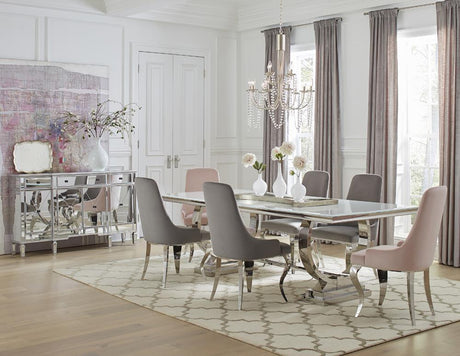 Antoine Rectangle Dining Table in white and chrome, angled view