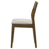 Almonte dining chair in dark brown fabric upholstery, side angle