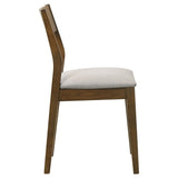 Almonte dining chair in dark brown fabric upholstery, side angle