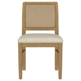 Close-up of beige linen-like upholstered cushion on Arini chair