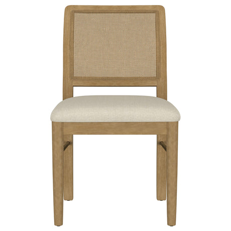 Close-up of beige linen-like upholstered cushion on Arini chair