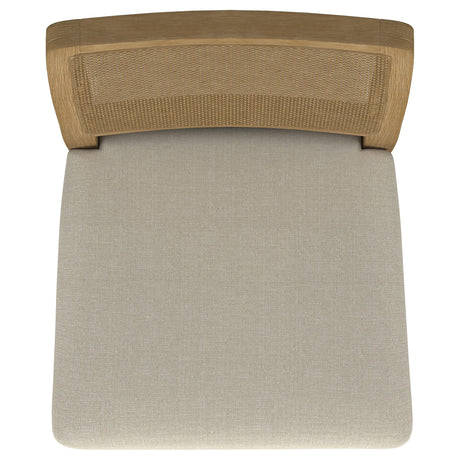 Close detail of fabric seat and wood frame