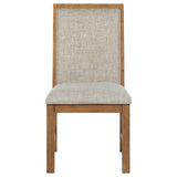 Close-up detail of dining chair upholstery and frame