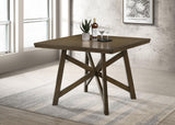 Canfield table side view showing brown mindi veneer finish