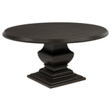 Side angle of Twyla 60-inch round dining table in dark cocoa finish