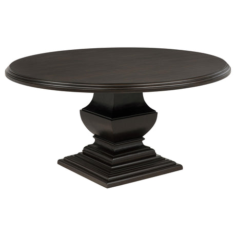 Side angle of Twyla 60-inch round dining table in dark cocoa finish
