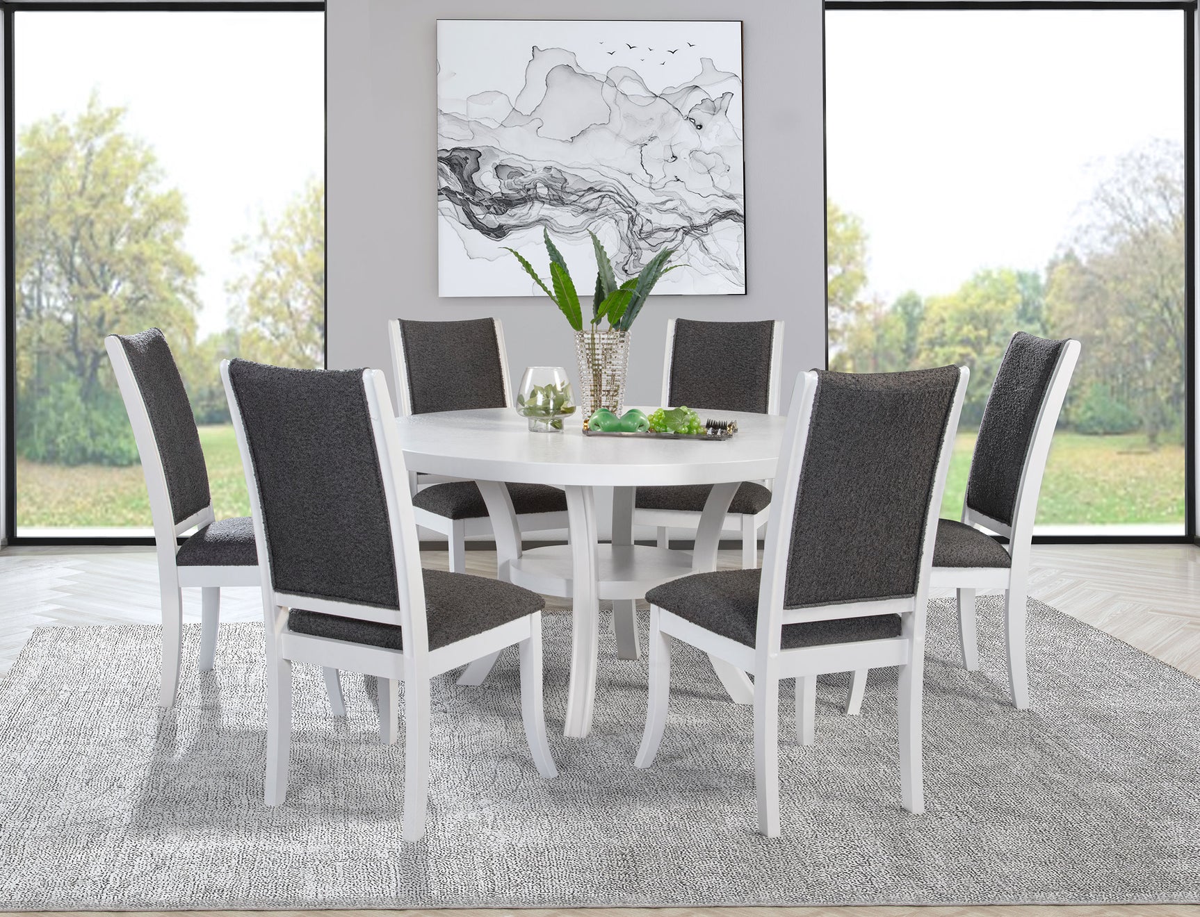 Judd Pearl White 54-inch Round Wood Dining Set with 6 chairs room view