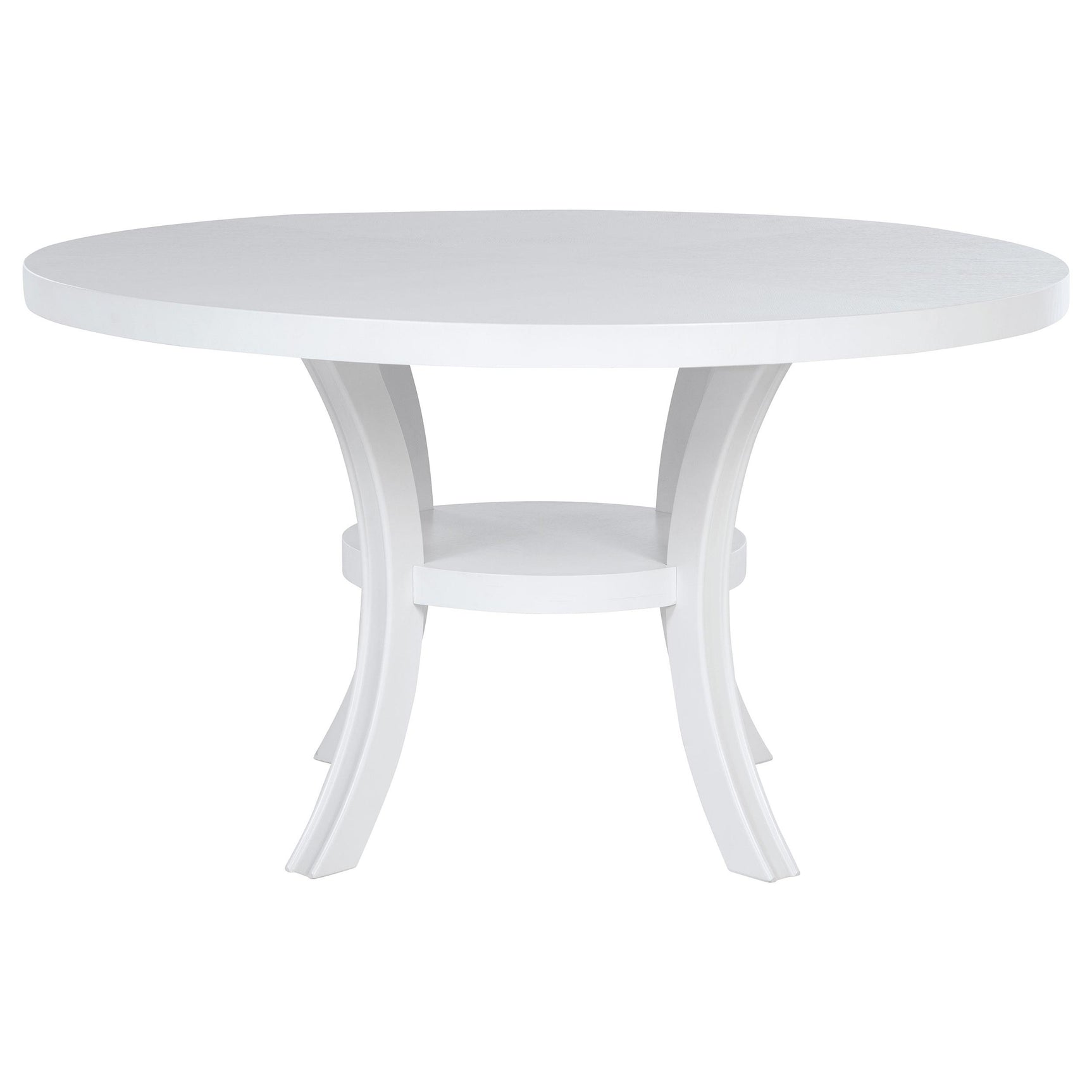 Side angle of Judd 54-inch round dining table in pearl white