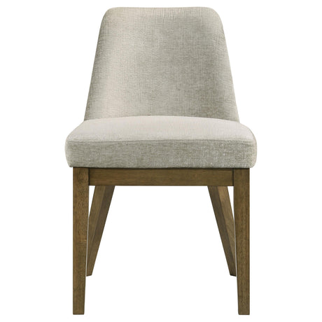 Chair angled to show brown oak legs and frame