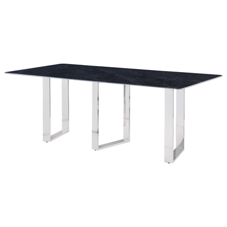 Desden dining table side profile showing metal legs