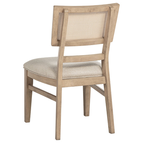 Close-up detail of chair upholstery and wood grain