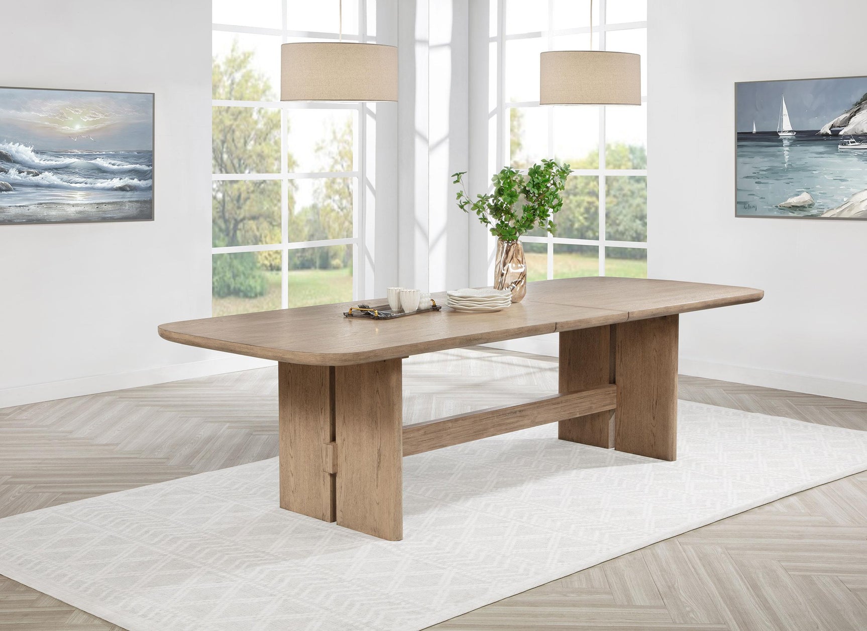 Side angle of Kailani rectangular dining table with beige oak finish