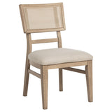 Close-up of beige fabric upholstery on Kailani dining chair seat