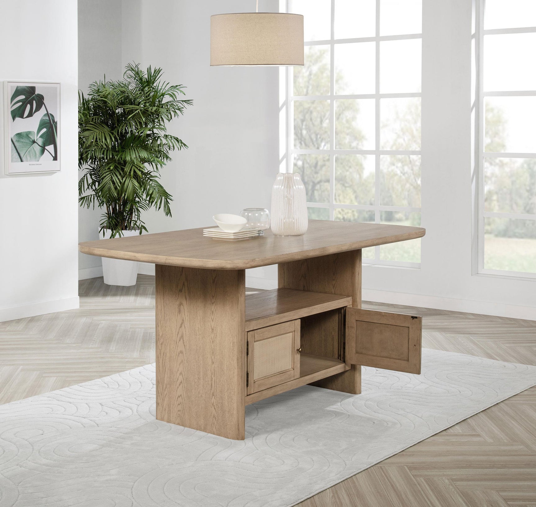 Side view of Kailani Cane Counter Height Dining Table with storage