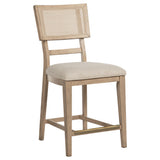 Close-up of beige fabric seat and oak legs on Kailani counter chair
