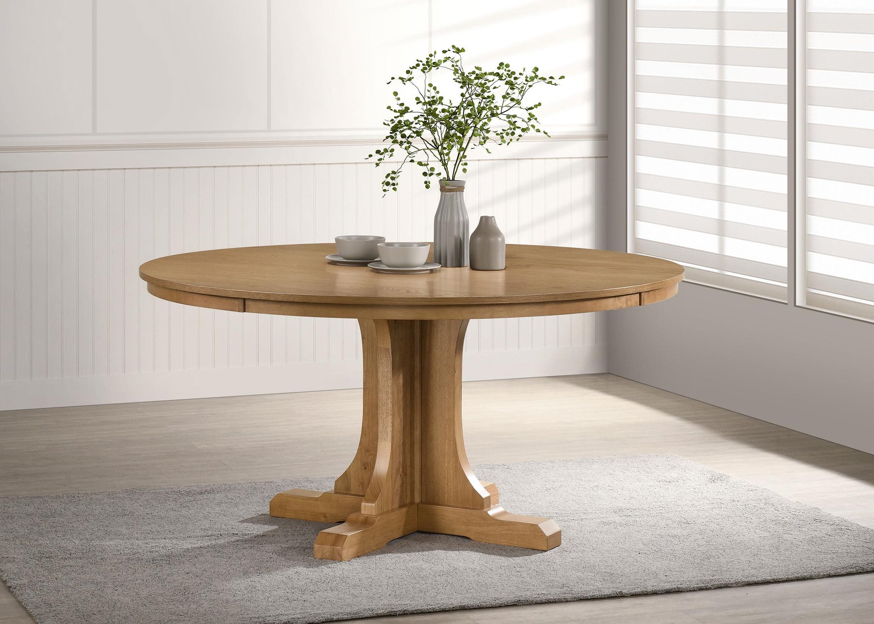 Hartville dining table closeup of oak veneer tabletop edge