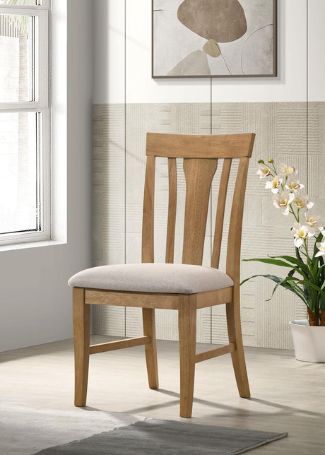 Side angle of Hartville dining side chair showing wood frame and fabric seat