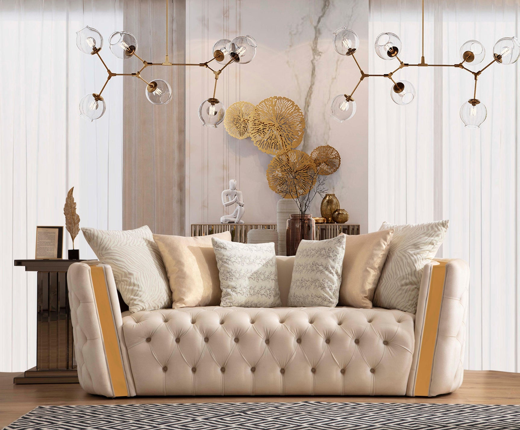 Gold sibu leather detailing on sofa arm
