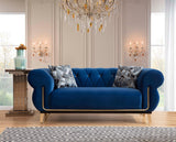 Close-up of navy velvet upholstery on Lily Sofa