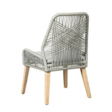 Back view of Nakia grey woven dining chair showing wood legs