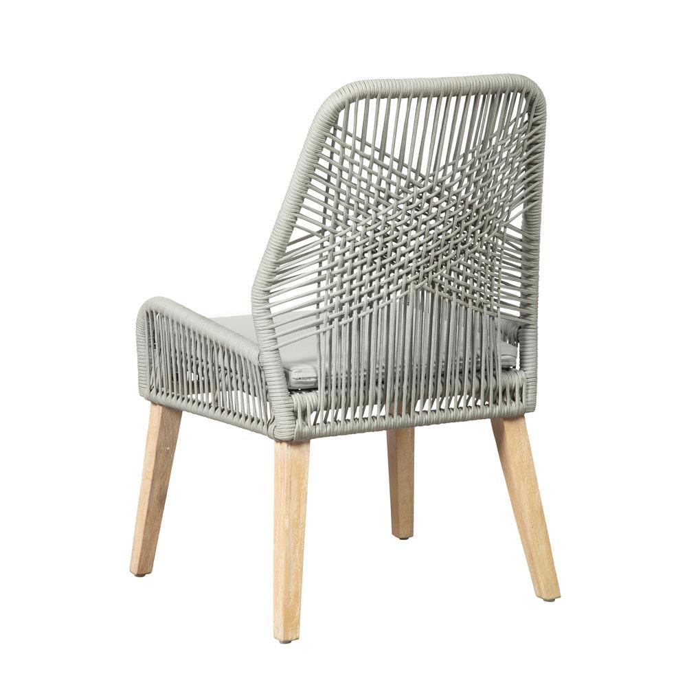 Back view of Nakia grey woven dining chair showing wood legs