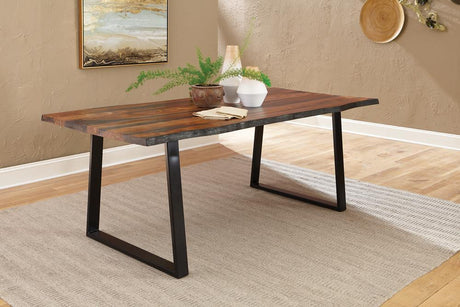 Ditman Live Edge Dining Table front view showing grey Sheesham wood top with live edge