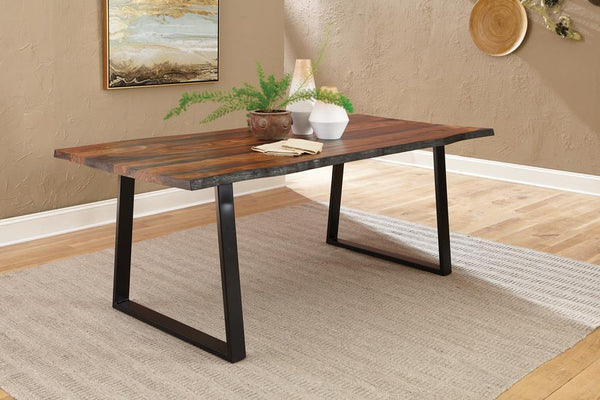 Ditman Live Edge Dining Table front view showing grey Sheesham wood top with live edge