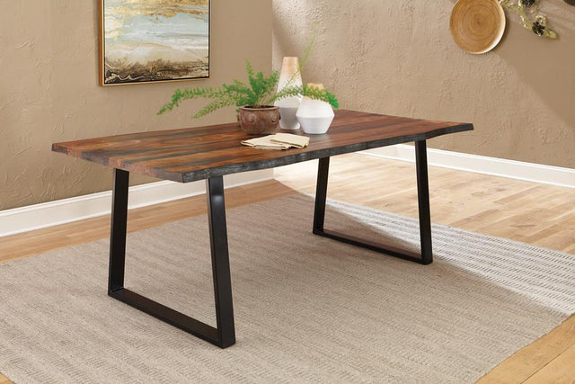 Ditman Live Edge Dining Table front view showing grey Sheesham wood top with live edge