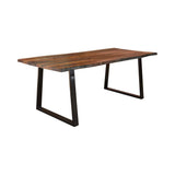 Side angle of Ditman Live Edge Dining Table displaying black iron metal braces and storage drawers