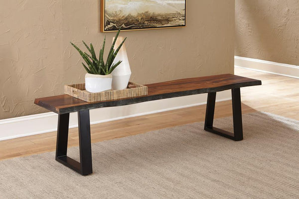 Ditman Live Edge Dining Bench Grey Sheesham and Black - front angle view