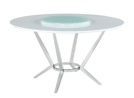 Abby round dining table angle view with lazy susan centerpiece