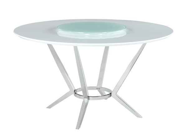 Abby round dining table angle view with lazy susan centerpiece