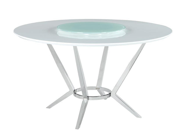 Abby round dining table angle view with lazy susan centerpiece