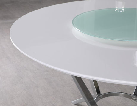 Abby round dining table front view showing white glass top and chrome legs